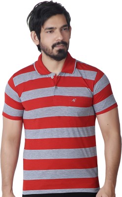 AWACK Striped Men Polo Neck Red, Grey T-Shirt