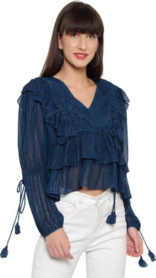 AMAGYAA Casual Striped Women Blue Top