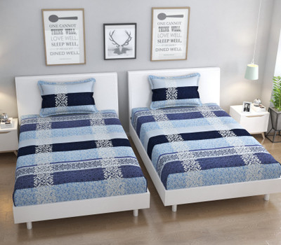 BROMWICK 244 TC Microfiber Single Checkered Flat Bedsheet(Pack of 2, Light Blue)