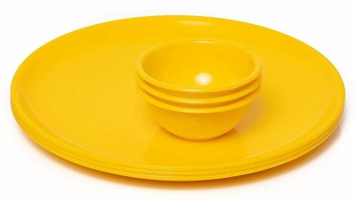 Everbuy Pack of 12 Plastic Plastic Microwave Safe, Round, Full Plates with Bowl - Pack of 4 Plates & 8 Bowl Set- 12 Pieces Dinner Set(Yellow, Microwave Safe)