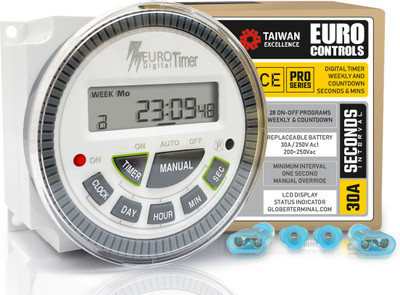 Euro Controls PRO TM619SH-2 30 Amps High Quality Digital Programmable Timer 4 pin - 28 Programs - New 1 second interval - replaceable battery Programmable Electronic Timer Switch(White)