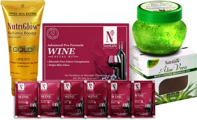 NutriGlow NATURAL'S Advanced Pro Formula Pack of 3 Wine Facial Kit (60gm) Aloe Vera Face Gel (100gm) & Gold Radiance Booster Facial Booster Face Wash (65ml) For Glowing, Radiant Skin & Tan Free Skin(3 x 75 g)