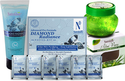 NutriGlow NATURAL'S Advanced Pro Formula Combo Pack of 3 Diamond Radiance Facial Kit (60gm) Aloe Vera Face Gel (100gm) & Diamond Radiance Face Wash (65ml) For Reduce Blemishes & Acne Spot Free Skin(3 x 75 g) NutriGlow NATURAL'S Advanced Pro Formula Combo Pack of 3 Diamond Radiance Facial Kit (60gm) Aloe Vera Face Gel (100gm) & Diamond Radiance Face Wash (65ml) For Reduce Blemishes & Acne Spot Free Skin(3 x 75 g)