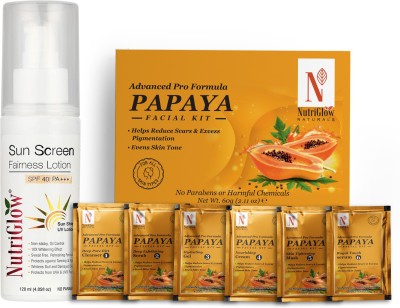 NutriGlow NATURAL'S Advanced Pro Formula Combo Pack of 2 Papaya Facial Kit (60gm) & Sunscreen Fairness Lotion SPF 40 (120ml) For Detoxification To the Core, Excess Pigmentation & Tan Free Skin(2 x 90 g)