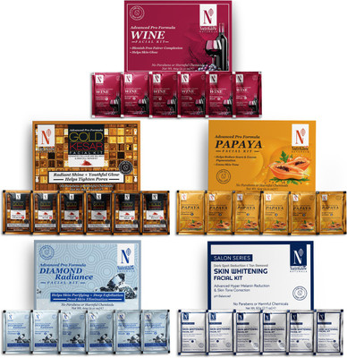 NutriGlow NATURAL'S Advanced Pro Formula Combo Pack of 5 Diamond Radiance,Skin Whitening,Gold Kesar,Papaya,Wine Facial Kit 60gm Each for Skin Cell Repair Reduce Pigmentation & Spotless Face(5 x 60 g)