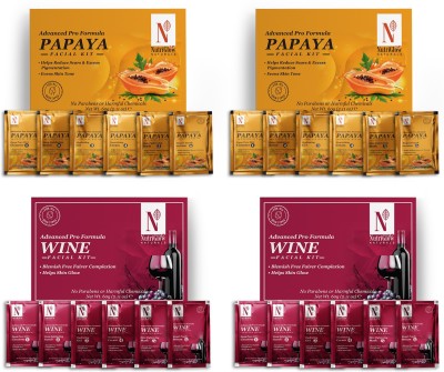 NutriGlow NATURAL'S Advanced Pro Formula Combo Pack of 4 Papaya Facial Kit & Wine Facial Kit 60 gm Each For Hydrated Skin & Fairer ComplexionEven Tone, Blemish Free & Glowing Skin(4 x 60 g)