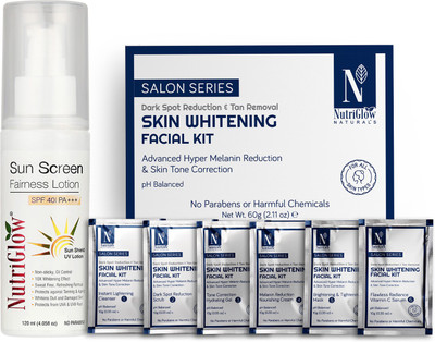 NutriGlow NATURAL'S Advanced Pro Formula Combo Pack of 2 Skin Whitening Facial Kit (60gm) & Sunscreen Fairness Lotion SPF 40 (120ml) For Skin Tone Correction, Acne Spot Free Skin & Tan Free Skin(2 x 90 g) NutriGlow NATURAL'S Advanced Pro Formula Combo Pack of 2 Skin Whitening Facial Kit (60gm) & Sunscreen Fairness Lotion SPF 40 (120ml) For Skin Tone Correction, Acne Spot Free Skin & Tan Free Skin(2 x 90 g)