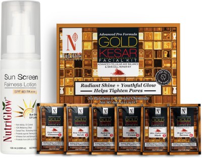 NutriGlow NATURAL'S Advanced Pro Formula Combo Pack of 2 Gold Kesar Facial Kit (60gm) & Sunscreen Fairness Lotion SPF 40 (120ml) For Spotless Face, Improved Radiance Skin & Tan Free Skin(2 x 90 g)