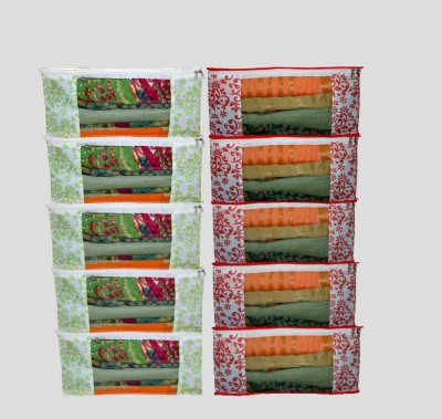 ANNORA INTERNATIONAL Set Of 10 Designer Floral Print Multicolor Pack of 10 Non Woven fabric saree cover / Travel Bag / Non Woven Fabric Saree Cover Set with Transparent Window, Extra Large Pack of 10 cover for clothes/ travel/luggage/ Saree/ Wardrobe(Green red)
