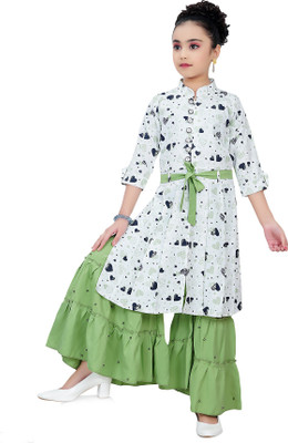 simran Girls Festive & Party Kurta and Palazzo Set(Green Pack of 1)