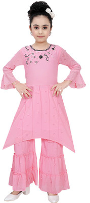simran Girls Festive & Party Kurta and Palazzo Set(Pink Pack of 1)
