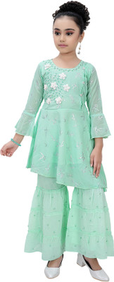simran Girls Festive & Party Kurta and Palazzo Set(Green Pack of 1)