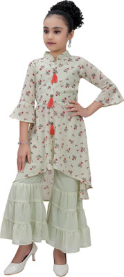 TryZone Girls Festive & Party Kurta and Palazzo Set(Green Pack of 1)