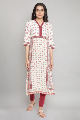 Aurelia Women Floral Print A-line Kurta(White)