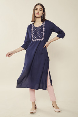 soch Women Self Design Straight Kurta(Blue)