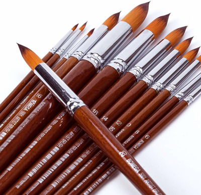 THR3E STROKES Pointed-Round Paint Brushes Set, 13 Pcs Professional Wood Handle Nylon Hair Artist Paintbrushes for Watercolor Acrylic Ink Gouache Oil Tempera Painting, Face Body Art, Craft and Paint by Number(Brown)