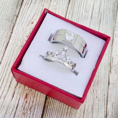 Devora King & Queen lovers valentine couple Adjustable propose for girlfriend Stainless Steel Zircon Sterling Silver Plated Ring Set