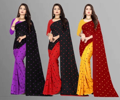 kashvi sarees Polka Print Bollywood Georgette Saree(Pack of 3, Multicolor, Red, Black)