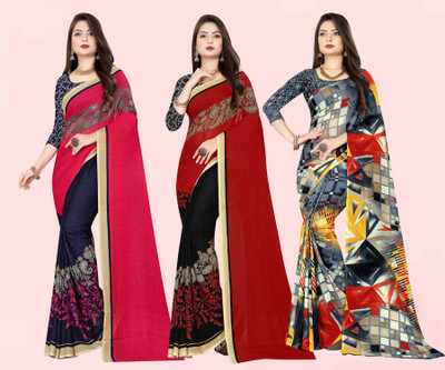kashvi sarees Printed Bollywood Georgette Saree(Pack of 3, Multicolor, Blue, Pink)