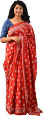 NIKHILAM Printed Handloom Pure Cotton Saree(Red)