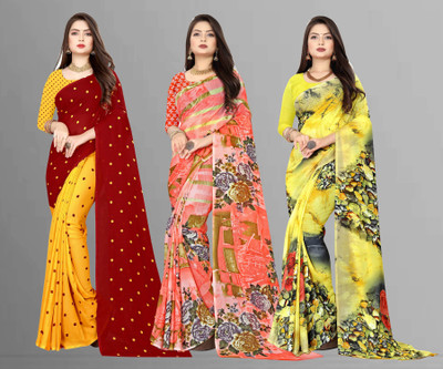 Anand Sarees Printed Bollywood Georgette Saree(Pack of 3, Multicolor, Maroon, Yellow)