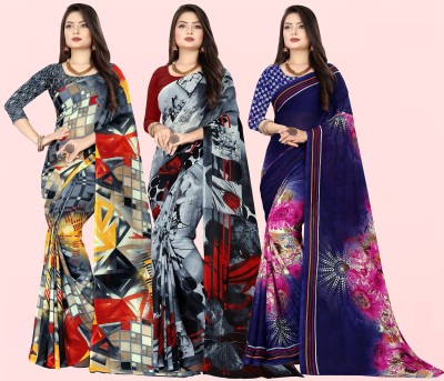 kashvi sarees Printed, Floral Print Bollywood Georgette Saree(Pack of 3, Multicolor, Grey)