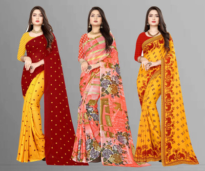 Anand Sarees Printed Bollywood Georgette Saree(Pack of 3, Multicolor)