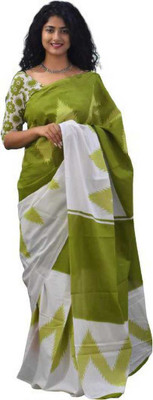 NIKHILAM Printed Handloom Pure Cotton Saree(Green)