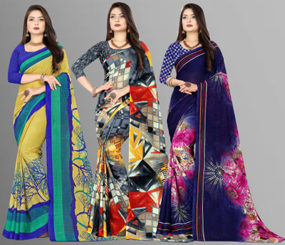 Anand Sarees Floral Print Bollywood Georgette Saree(Pack of 3, Multicolor)