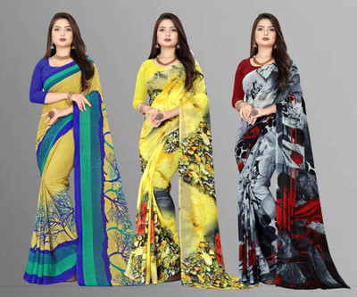 Anand Sarees Floral Print Bollywood Georgette Saree(Pack of 3, Multicolor, Yellow)