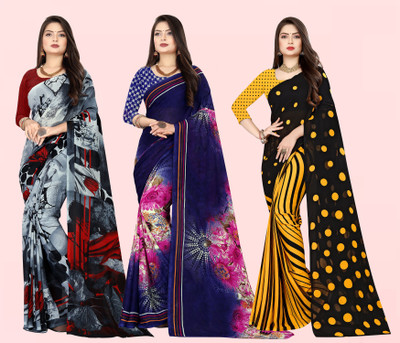 Anand Sarees Polka Print, Floral Print Bollywood Georgette Saree(Pack of 3, Multicolor, Grey)
