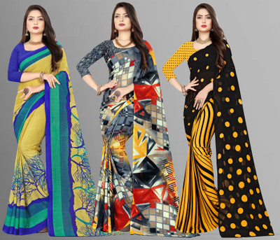 Anand Sarees Floral Print Bollywood Georgette Saree(Pack of 3, Multicolor, Green)