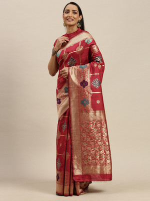 BOVTY Woven Banarasi Silk Blend Saree(Red)