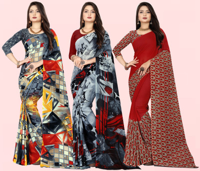 Anand Sarees Printed Bollywood Georgette Saree(Pack of 3, Multicolor, Grey)