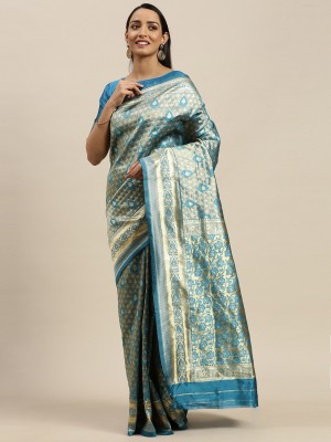 BOVTY Woven Banarasi Silk Blend Saree(Blue)