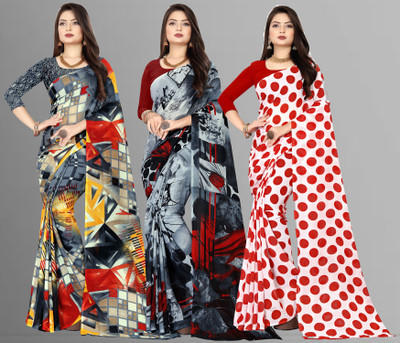 Anand Sarees Floral Print Bollywood Georgette Saree(Pack of 3, Multicolor, Grey)