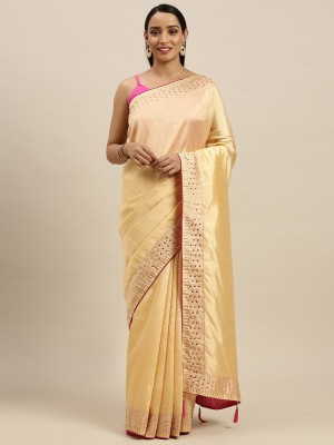 BOVTY Embellished Bollywood Silk Blend Saree(Gold)