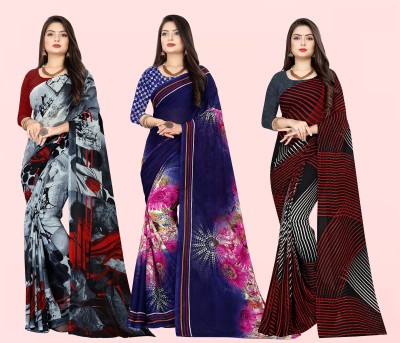 kashvi sarees Printed, Floral Print Bollywood Georgette Saree(Pack of 3, Multicolor, Grey)