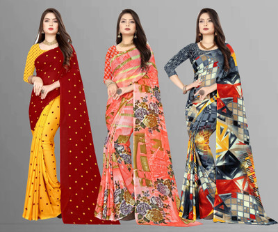 Anand Sarees Printed Bollywood Georgette Saree(Pack of 3, Multicolor, Maroon, Yellow)