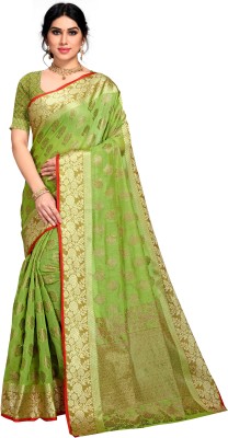 M.S.RETAIL Woven Handloom Cotton Blend Saree(Light Green)