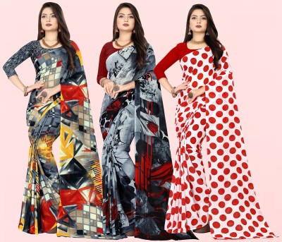 Anand Sarees Printed Bollywood Georgette Saree(Pack of 3, Multicolor, Grey)