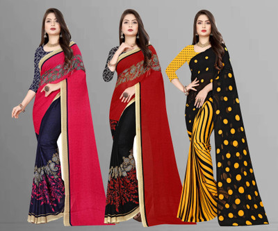 kashvi sarees Printed Bollywood Georgette Saree(Pack of 3, Multicolor, Blue, Pink)