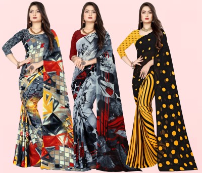 kashvi sarees Printed, Floral Print Bollywood Georgette Saree(Pack of 3, Multicolor, Grey)