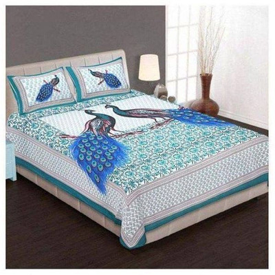 Durga Vishnu Traders 220 TC Cotton Double Jaipuri Prints Flat Bedsheet(Pack of 1, Blue)