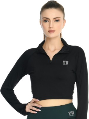 young urban Solid Women Zip Neck Black T-Shirt
