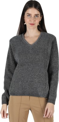 MONTE CARLO Self Design V Neck Casual Women Grey Sweater