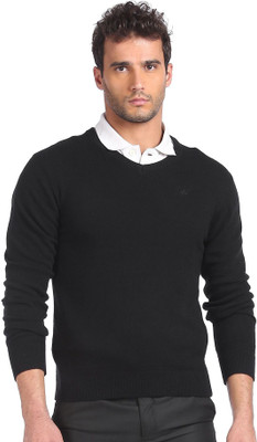 Arrow Sport Solid V Neck Casual Men Black Sweater