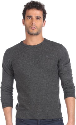 ARROW Solid Round Neck Casual Men Grey Sweater