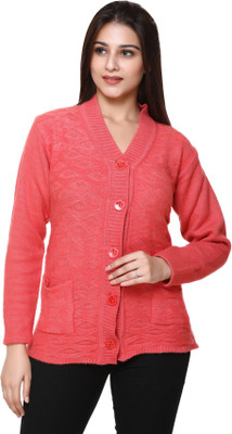 WOOL 4U Self Design V Neck Casual Women Red Sweater