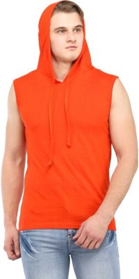 Denzolee Solid Men Hooded Neck Orange T-Shirt